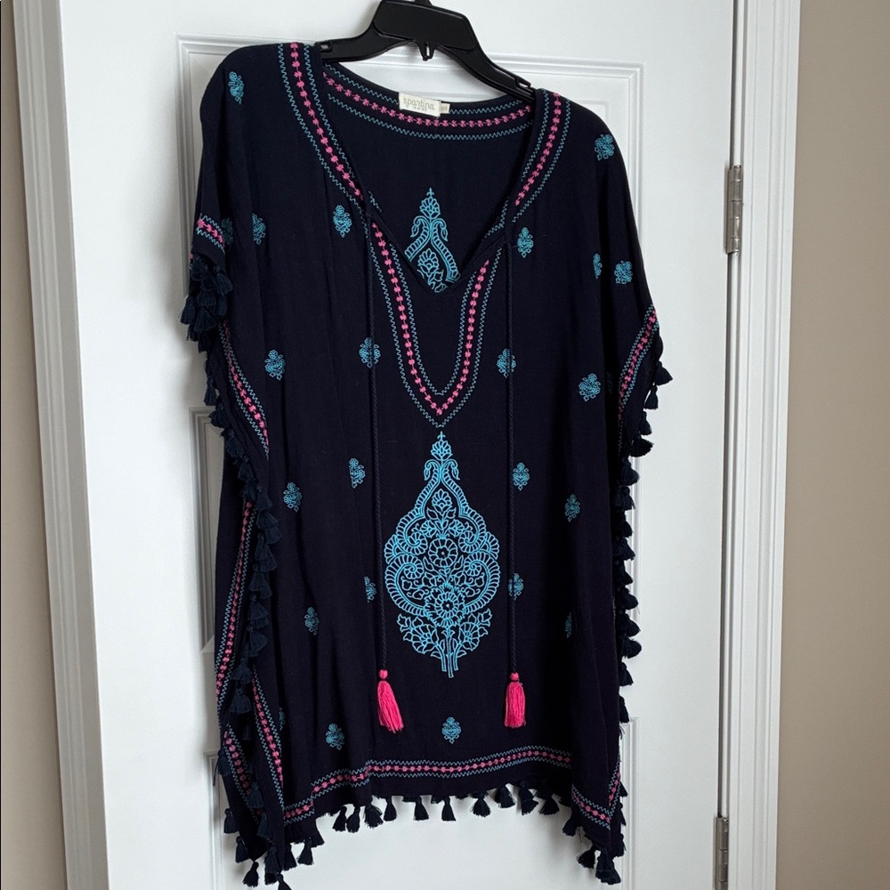 Spartina 449 Navy Coverup with Blue Embroidery & Pink Tassels